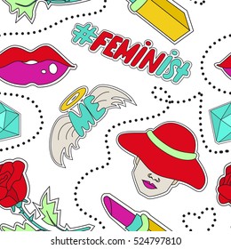 Set of girl power themed seamless pattern. 80s style. Funny and colorful girly pattern. Vector illustration for your graphic design.
