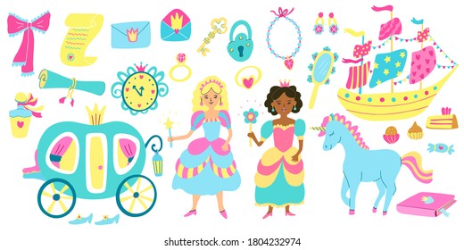 Set with girl princesses and their things. Unicorn, envelopes, hand mirror, carriage,  jewelry, book, ship, sweets, shoes, key and padlock. Vector illustration isolated on white. Great for kids design