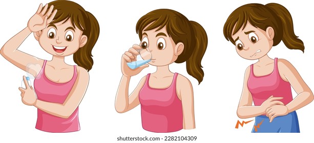 Set of girl with puberty and change illustration