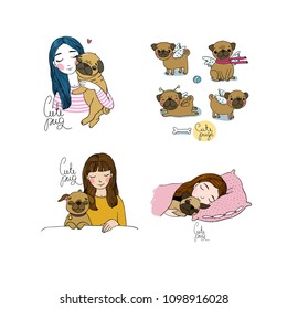 Set with a girl and a pug. Lovely Cartoon Pet. A happy animal.