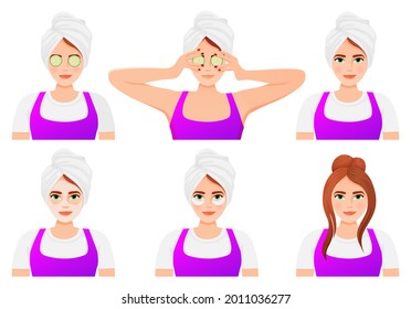 set a girl in purple clothes with a towel on her head with patches on her face with a mask on her face with cucumbers on her eyes is doing cosmetic procedures
