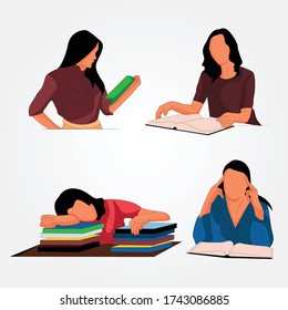 Set of girl reading books different poses. Sleeping on the table after reading books - Vector illustration