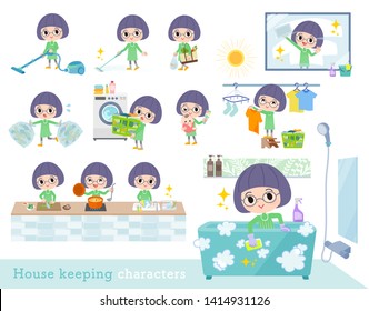 A set of girl related to housekeeping such as cleaning and laundry.There are various actions such as cooking and child rearing.It's vector art so it's easy to edit.
