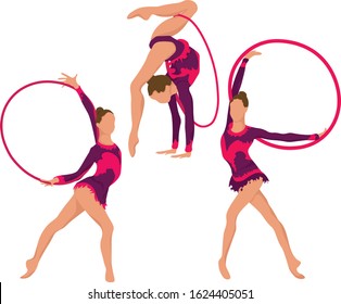 Set girl rhythmic gymnastics with hoops vector illustration. Training performance strength gymnastics. Championship workout rhythmic gymnastics beautiful character.Women Acrobatic Gymnastics, flat