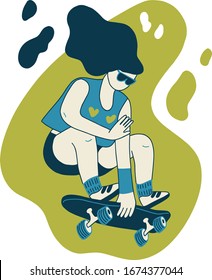 Set Girl rides on a skateboard, jumps, sits down, wind in her hair