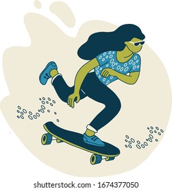 Set Girl rides on a skateboard, jumps, sits down, wind in her hair