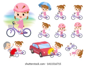 A set of girl riding a city cycle.There are actions on manners and troubles.It's vector art so it's easy to edit.

