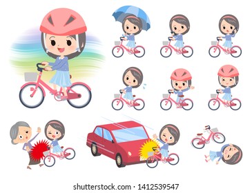 A set of girl riding a city cycle.There are actions on manners and troubles.It's vector art so it's easy to edit.
