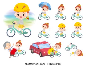 A set of girl riding a city cycle.There are actions on manners and troubles.It's vector art so it's easy to edit.
