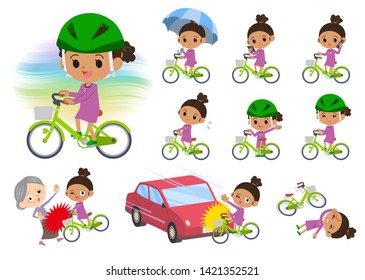 A set of girl riding a city cycle.There are actions on manners and troubles.It's vector art so it's easy to edit.
