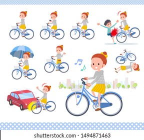 A set of girl riding a city cycle.There are actions on manners and troubles.It's vector art so it's easy to edit.
