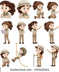 Set of girl in safari costume doing different things illustration