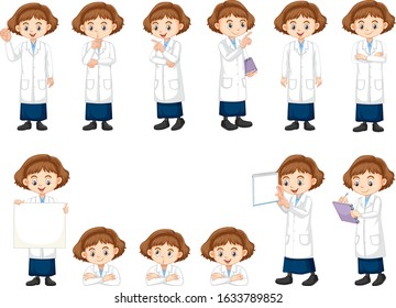 Set of girl in science gown doing different acts illustration