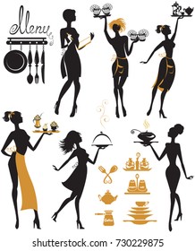 Set of girl silhouettes, waitress with tray, isolated on white background. Woman work. Element for cafe, restaurant, bar menu design. 