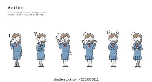 Set of girl student facial expressions and gestures.