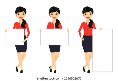 Set, a girl in a suit with a banner in his hands. Business and advertising. Flat style on white background. Cartoon.