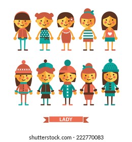 Set of girl in summer and winter clothes. Girl fashion style. illustration in flat style