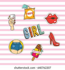Set of girl themed patches ice cream, high heels and other object 