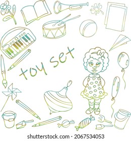 set of girl and toys. rainbow outline