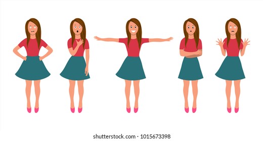 Set of girl with a variety of emotions and poses.  Set of woman's emotions. Flat design. Vector illustration