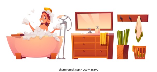 Set girl washing body sitting in foamy bath tub with bubbles. Bathroom furniture sink, mirror, hanger with towel, potted plant and basket for linen. Woman relax in bathtub, Cartoon vector illustration