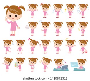 A set of girl with who express various emotions.There are actions related to workplaces and personal computers.It's vector art so it's easy to edit.
