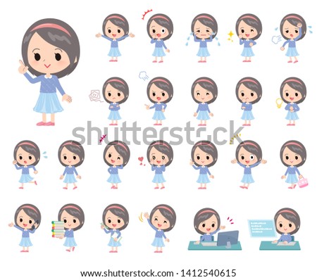 A set of girl with who express various emotions.There are actions related to workplaces and personal computers. 