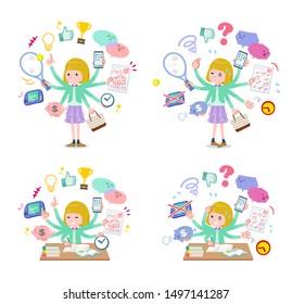 A set of girl who perform multitasking in the school.There are things to do smoothly and a pattern that is in a panic.It's vector art so it's easy to edit.
