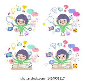 A set of girl who perform multitasking.There are things to do smoothly and a pattern that is in a panic.It's vector art so it's easy to edit.
