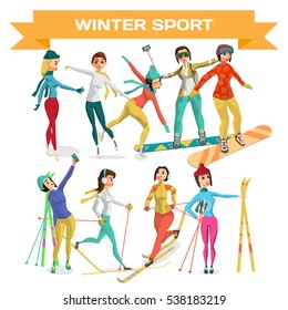 Set girl winter sport. Cartoon women training. Flat vector illustration isolated on white background