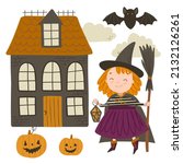 Set with a girl in a witch costume, a crooked house, a bat and pumpkins. Halloween autumn vector illustration of a cute little witch.