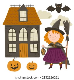 Set with a girl in a witch costume, a crooked house, a bat and pumpkins. Halloween autumn vector illustration of a cute little witch.
