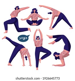 Set. Girl, women doing yoga. Mind and emotions control. Health activity. Vector illustration. Poster, print, sticker, card design. Cat, home pet. Isolated characters on white background.