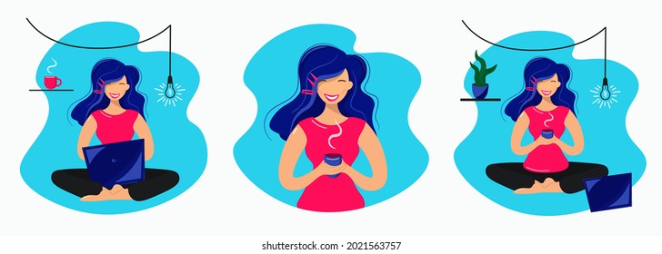 Set with a girl working on a computer and drinking coffee. Work and study in a cozy home over a cup of coffee. Comfortable conditions, distance learning, freelance. Bright vector with cute brunette.