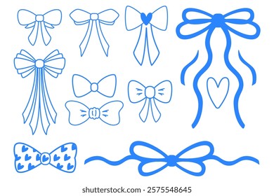 Set of girlish bows, bowties and gift ribbons, hand drawn vector illustration in vintage coquette style, elegent decorative elements