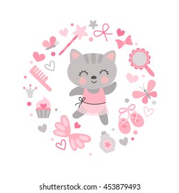 Set girlish characters and ballet elements. Kitty ballerina cute and beautiful objects.