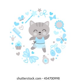 Set girlish characters and ballet elements. Kitty ballerina cute and beautiful objects.