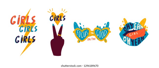 Set of girlish pictures. Vector hand drawn isolated illustrations for t-shirts, postcards, posters, prints. Every element is isolated