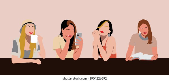 Set of girls activity on the table. Girl holding a cup. Girl playing the phone. Girl posing cute. Girl reading a book.