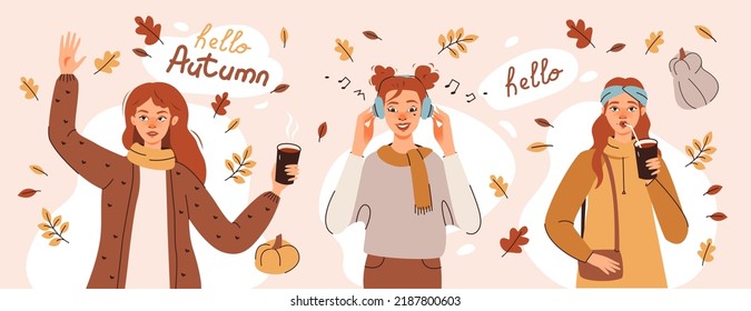 A set of girls in autumn foliage, drinking coffee and listening to music, Hello autumn greeting card. Flat vector illustration