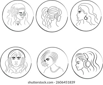 Set of girls avatars. different hairstyles. outline. portraits. modernity and simplicity.