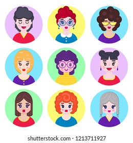 Set of girls avatars in flat style on white background