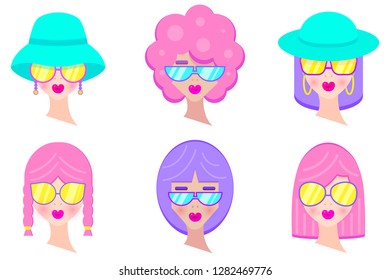 Set of girls avatars in flat style on white background