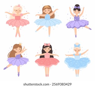 Set of girls ballerinas. Princess ballerinas dance on a white background. Flat vector illustration.