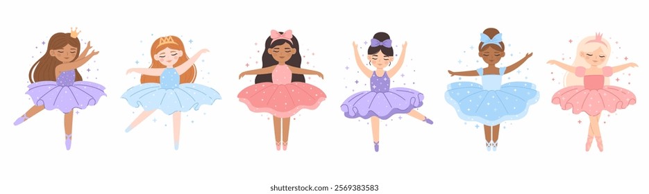 Set of girls ballerinas. Princess ballerinas dance. Flat vector illustration.