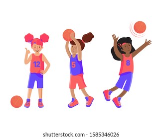 Set Of Girls Basketball Player With The Ball. Child Plays Basketball. Colorful Illustration In Flat Vector. Children's Sport. Sports Team Games. Healthy Lifestyle. Games With The Ball. Sports Team