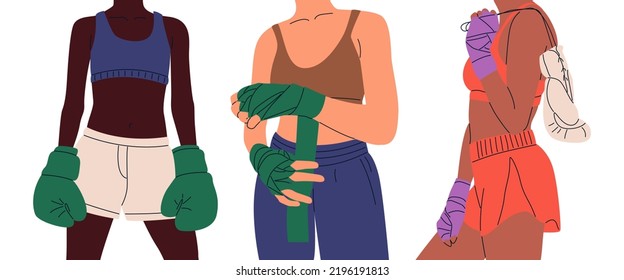 Set Of Girls Boxers In Sportswear, In Hand Wraps With The Boxing Glove. Female Fight For Equal Rights For Women.Training, Boxing, Wrestling, Defense, Sport. Girl Power, Feminism. Woman Fighting