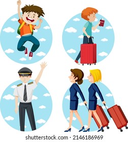 Set of girls and boy with backpack walking illustration