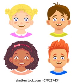Set of girls and boy character. Children emotions. Facial expression. Set of emoticons. Flat vector illustration. Joy