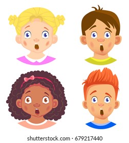 Set of girls and boy character. Children emotions. Facial expression. Set of emoticons. Flat vector illustration. Shock